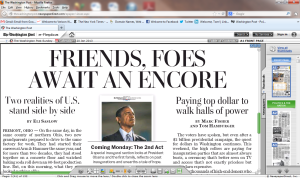Washington Post front-page headline, Sunday, January 20, 2013: Friends, Foes Await An Encore